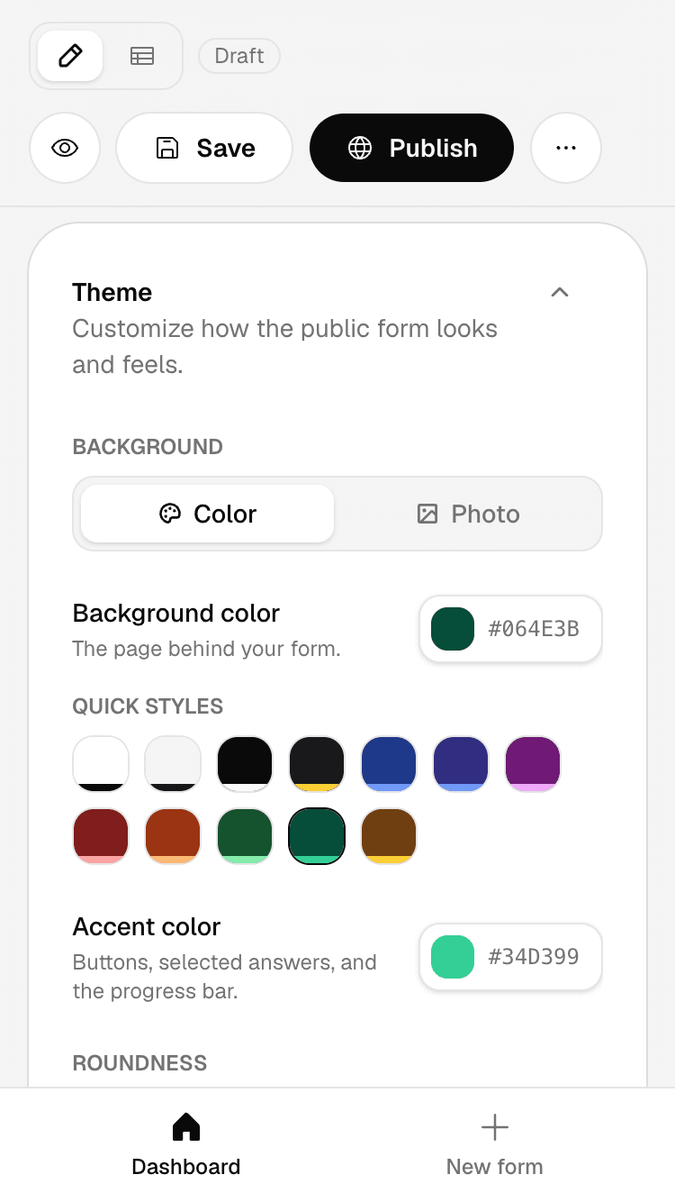Mobile form editor — question list