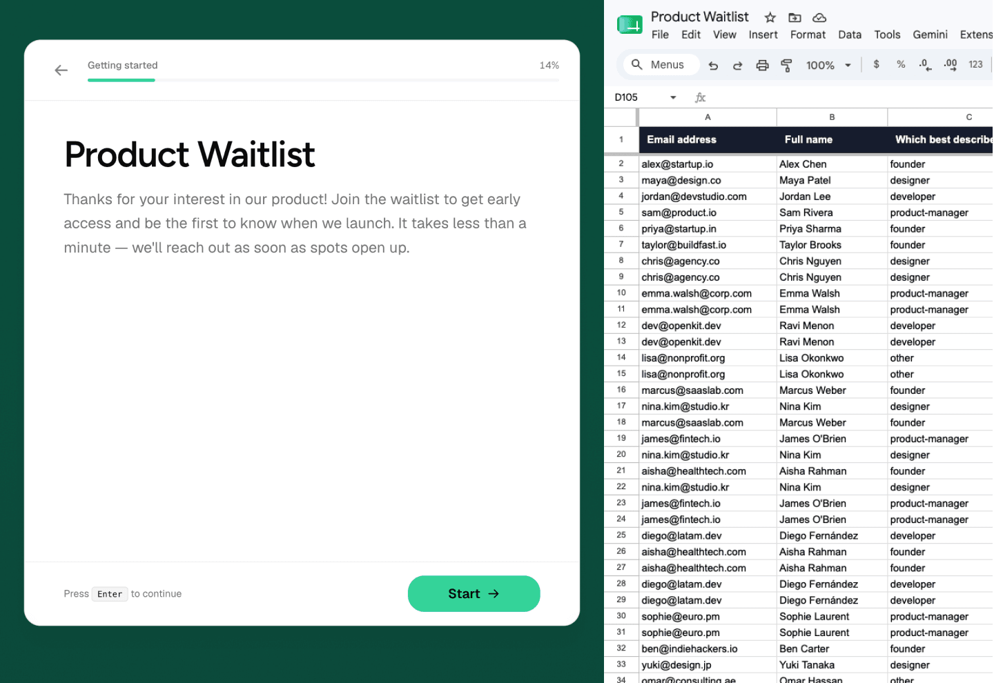 Google Sheet with waitlist responses synced from a Recto form
